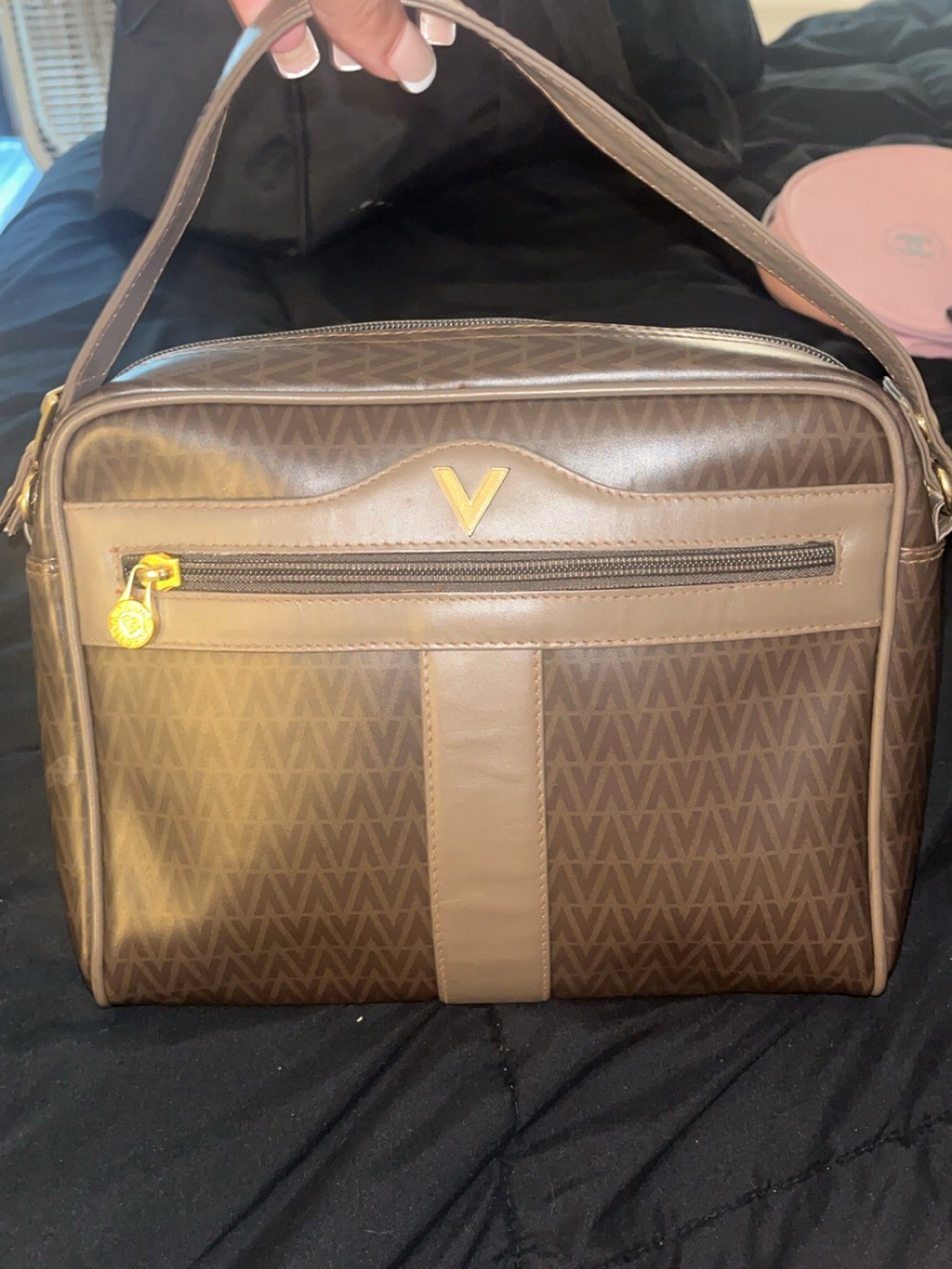 Valentino Brown Patterned Messenger Bag with Tan Stripe